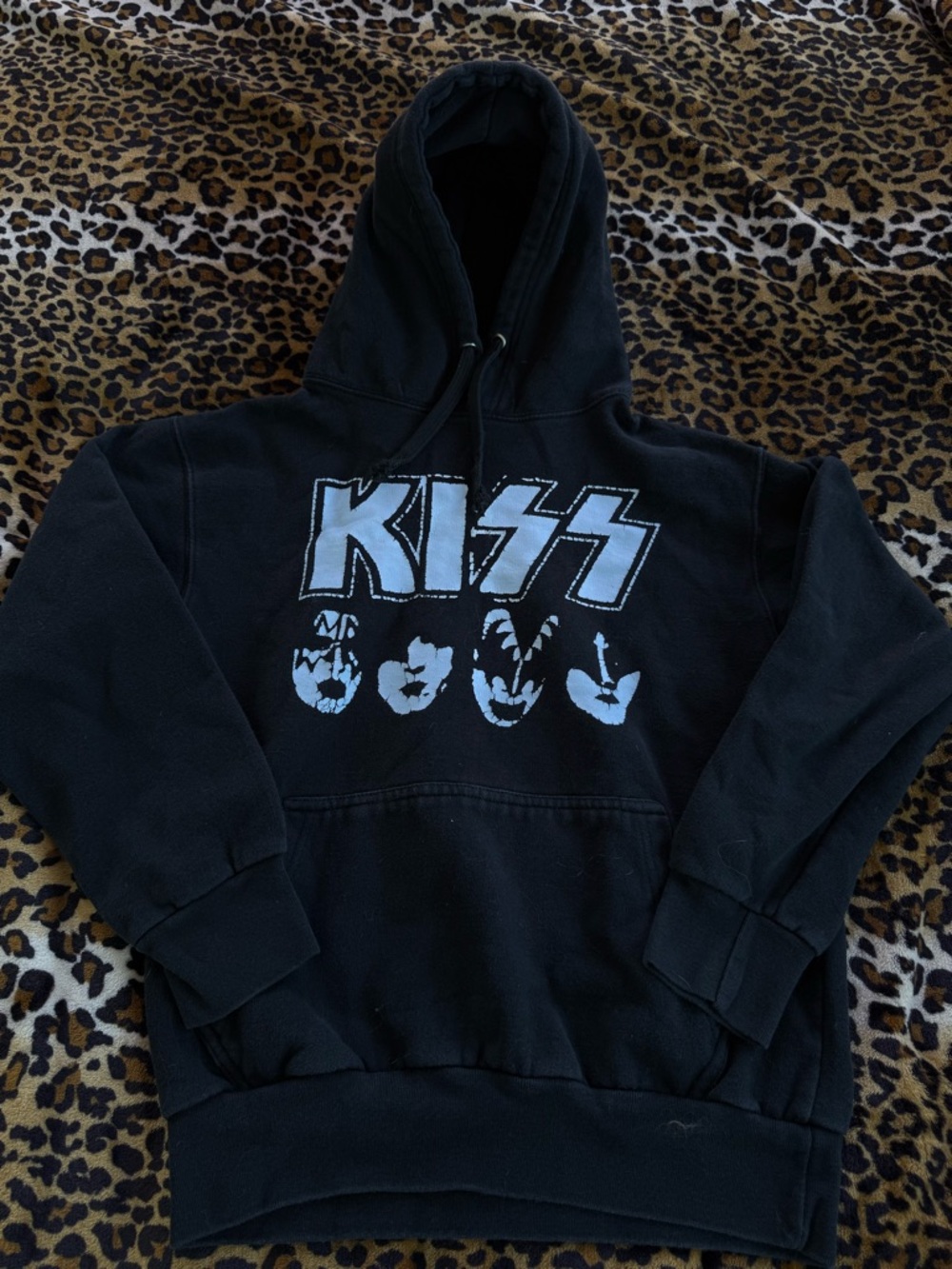 Kiss Black Hoodie with White Band Logo and Face Graphics